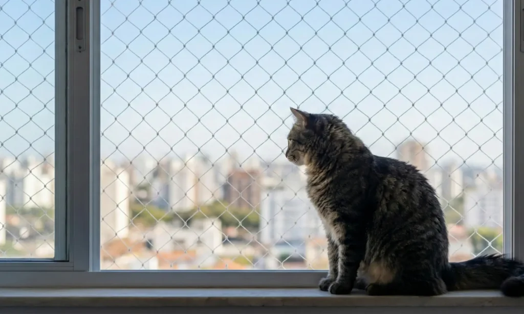 Gato seguro em apartamento em Porto Alegre olhando através de rede de proteção malha 3x3 de polietileno.