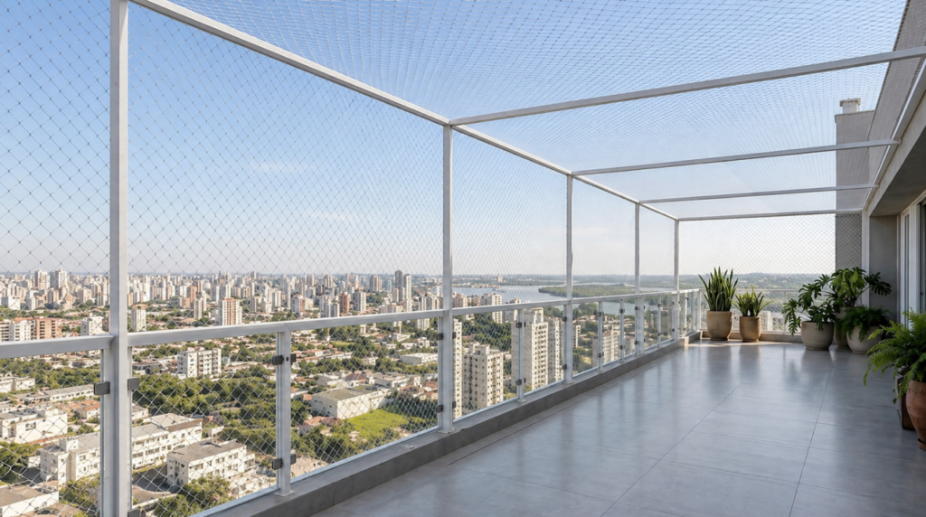 Terraço de cobertura em Porto Alegre com Redes de Proteção com Estruturas de Alumínio