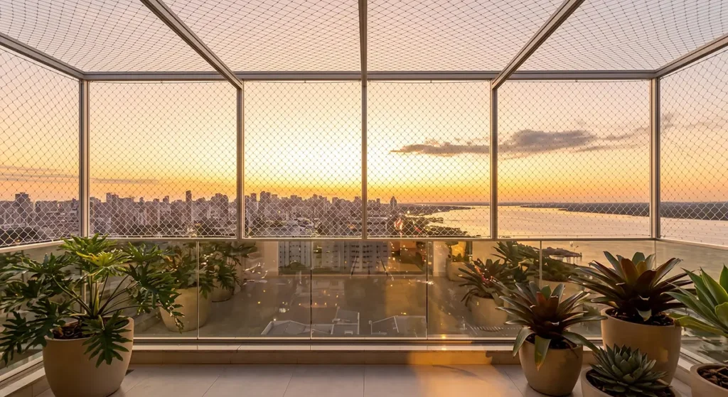 Terraço de cobertura em Porto Alegre com estrutura de alumínio e rede de proteção instaladas em sacada sem teto
