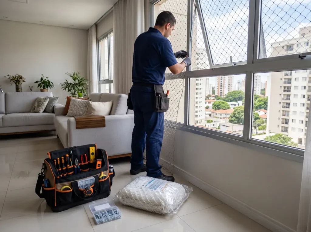 Técnico realizando a substituição profissional de rede de proteção em janela de apartamento
