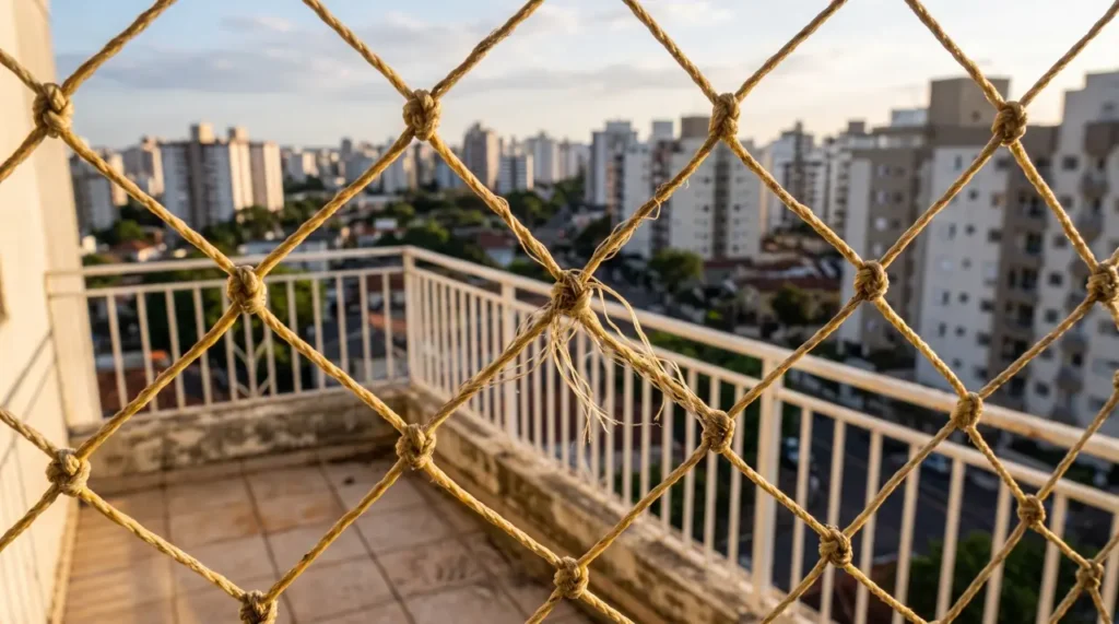 Rede de proteção de janela desgastada e amarelada pelo sol, indicando necessidade de troca