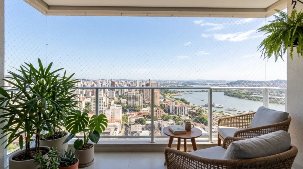 Sacada de apartamento em Porto Alegre com rede de proteção nova instalada e vista panorâmica