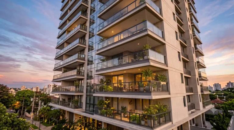 Edifício residencial verticalizado em Porto Alegre com redes de proteção instaladas nas sacadas ao entardecer